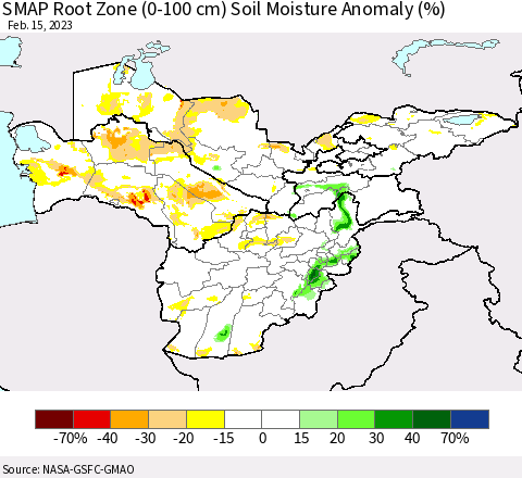 Central Asia SMAP Root Zone (0-100 cm) Soil Moisture Anomaly (%) Thematic Map For 2/11/2023 - 2/15/2023