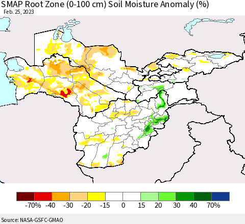 Central Asia SMAP Root Zone (0-100 cm) Soil Moisture Anomaly (%) Thematic Map For 2/21/2023 - 2/25/2023