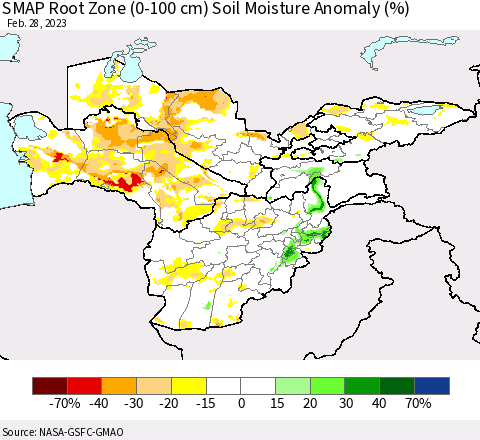 Central Asia SMAP Root Zone (0-100 cm) Soil Moisture Anomaly (%) Thematic Map For 2/26/2023 - 2/28/2023
