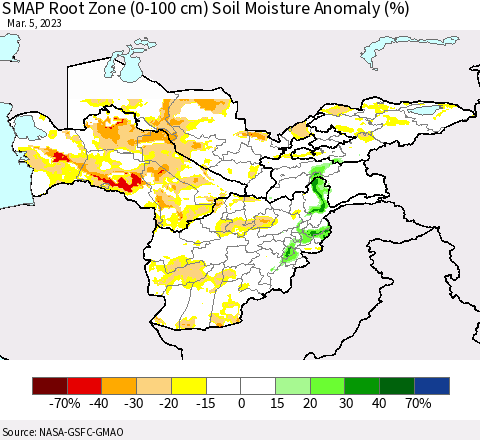 Central Asia SMAP Root Zone (0-100 cm) Soil Moisture Anomaly (%) Thematic Map For 3/1/2023 - 3/5/2023