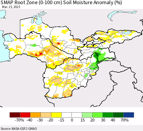 Central Asia SMAP Root Zone (0-100 cm) Soil Moisture Anomaly (%) Thematic Map For 3/11/2023 - 3/15/2023