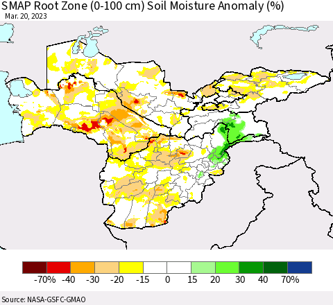 Central Asia SMAP Root Zone (0-100 cm) Soil Moisture Anomaly (%) Thematic Map For 3/16/2023 - 3/20/2023
