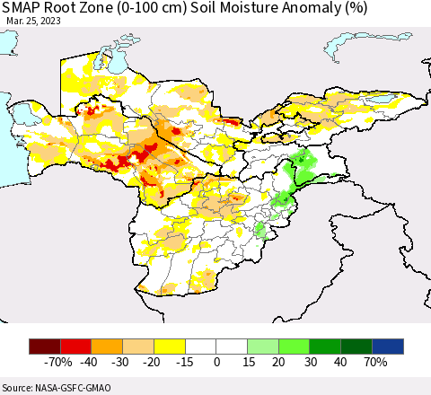 Central Asia SMAP Root Zone (0-100 cm) Soil Moisture Anomaly (%) Thematic Map For 3/21/2023 - 3/25/2023