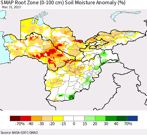 Central Asia SMAP Root Zone (0-100 cm) Soil Moisture Anomaly (%) Thematic Map For 3/26/2023 - 3/31/2023