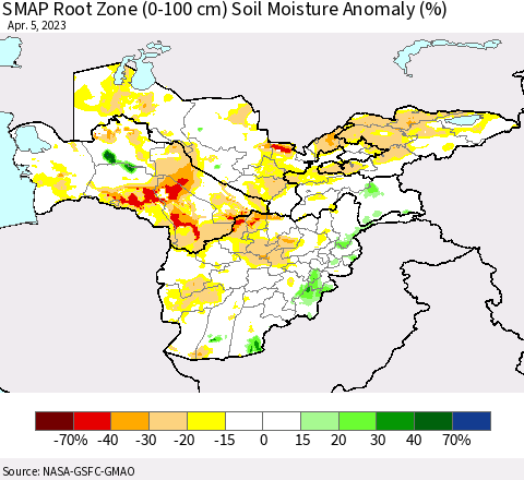 Central Asia SMAP Root Zone (0-100 cm) Soil Moisture Anomaly (%) Thematic Map For 4/1/2023 - 4/5/2023
