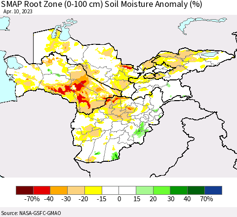 Central Asia SMAP Root Zone (0-100 cm) Soil Moisture Anomaly (%) Thematic Map For 4/6/2023 - 4/10/2023