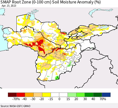 Central Asia SMAP Root Zone (0-100 cm) Soil Moisture Anomaly (%) Thematic Map For 4/11/2023 - 4/15/2023