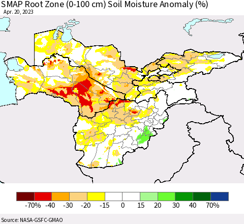 Central Asia SMAP Root Zone (0-100 cm) Soil Moisture Anomaly (%) Thematic Map For 4/16/2023 - 4/20/2023