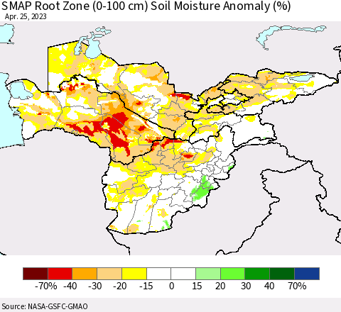 Central Asia SMAP Root Zone (0-100 cm) Soil Moisture Anomaly (%) Thematic Map For 4/21/2023 - 4/25/2023