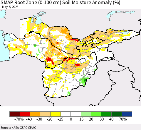 Central Asia SMAP Root Zone (0-100 cm) Soil Moisture Anomaly (%) Thematic Map For 5/1/2023 - 5/5/2023