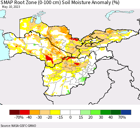 Central Asia SMAP Root Zone (0-100 cm) Soil Moisture Anomaly (%) Thematic Map For 5/6/2023 - 5/10/2023