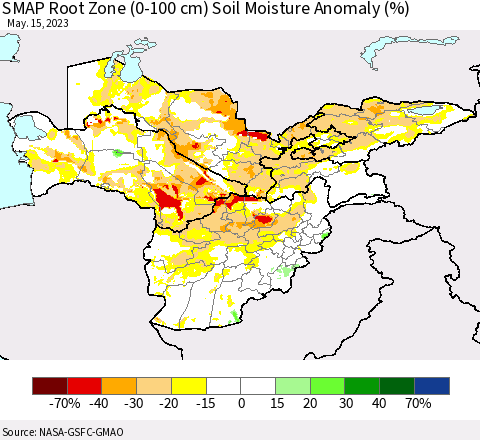 Central Asia SMAP Root Zone (0-100 cm) Soil Moisture Anomaly (%) Thematic Map For 5/11/2023 - 5/15/2023