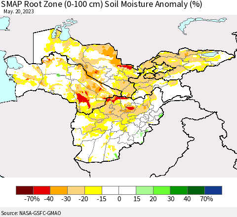 Central Asia SMAP Root Zone (0-100 cm) Soil Moisture Anomaly (%) Thematic Map For 5/16/2023 - 5/20/2023