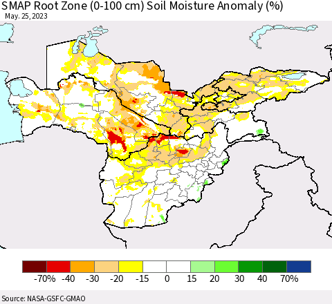 Central Asia SMAP Root Zone (0-100 cm) Soil Moisture Anomaly (%) Thematic Map For 5/21/2023 - 5/25/2023