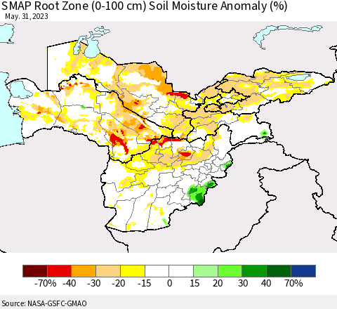 Central Asia SMAP Root Zone (0-100 cm) Soil Moisture Anomaly (%) Thematic Map For 5/26/2023 - 5/31/2023
