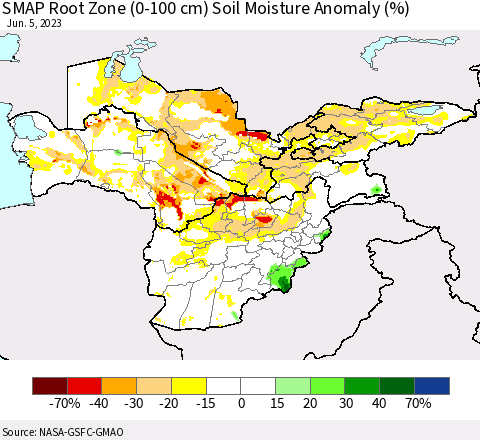 Central Asia SMAP Root Zone (0-100 cm) Soil Moisture Anomaly (%) Thematic Map For 6/1/2023 - 6/5/2023