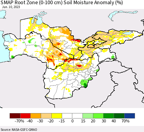 Central Asia SMAP Root Zone (0-100 cm) Soil Moisture Anomaly (%) Thematic Map For 6/6/2023 - 6/10/2023