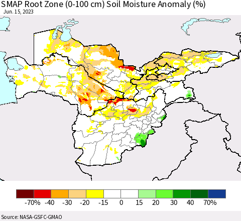 Central Asia SMAP Root Zone (0-100 cm) Soil Moisture Anomaly (%) Thematic Map For 6/11/2023 - 6/15/2023