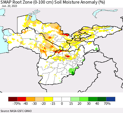 Central Asia SMAP Root Zone (0-100 cm) Soil Moisture Anomaly (%) Thematic Map For 6/16/2023 - 6/20/2023
