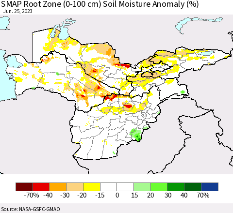 Central Asia SMAP Root Zone (0-100 cm) Soil Moisture Anomaly (%) Thematic Map For 6/21/2023 - 6/25/2023