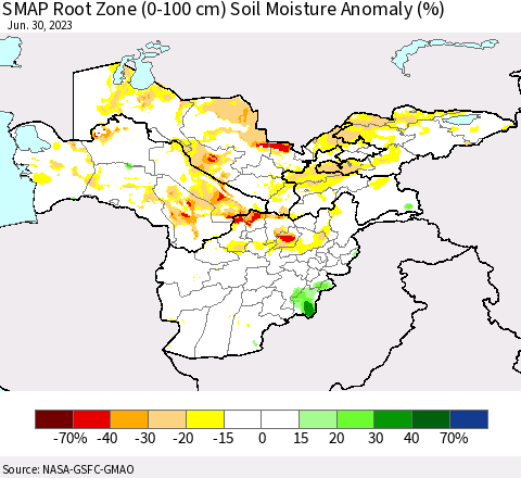 Central Asia SMAP Root Zone (0-100 cm) Soil Moisture Anomaly (%) Thematic Map For 6/26/2023 - 6/30/2023