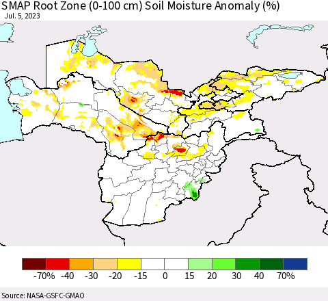 Central Asia SMAP Root Zone (0-100 cm) Soil Moisture Anomaly (%) Thematic Map For 7/1/2023 - 7/5/2023