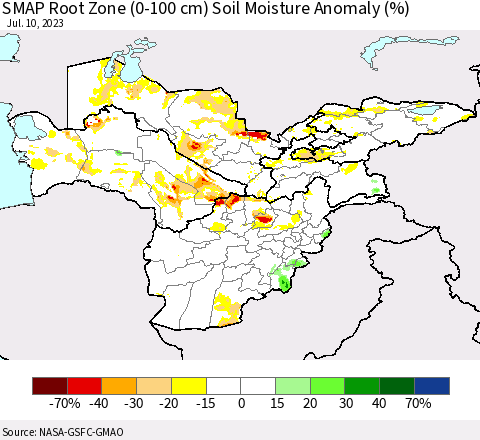 Central Asia SMAP Root Zone (0-100 cm) Soil Moisture Anomaly (%) Thematic Map For 7/6/2023 - 7/10/2023