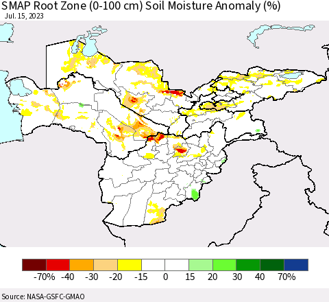 Central Asia SMAP Root Zone (0-100 cm) Soil Moisture Anomaly (%) Thematic Map For 7/11/2023 - 7/15/2023