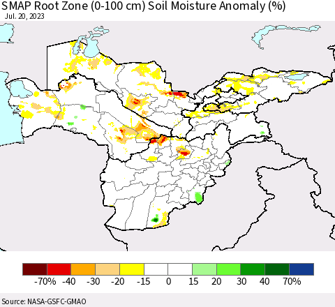 Central Asia SMAP Root Zone (0-100 cm) Soil Moisture Anomaly (%) Thematic Map For 7/16/2023 - 7/20/2023