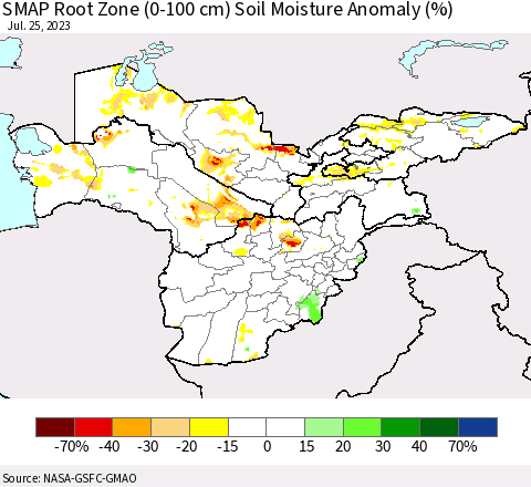 Central Asia SMAP Root Zone (0-100 cm) Soil Moisture Anomaly (%) Thematic Map For 7/21/2023 - 7/25/2023