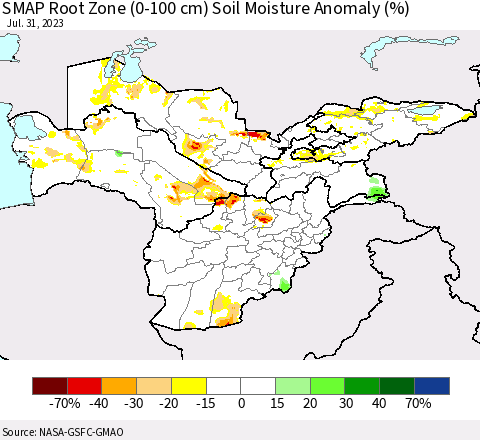 Central Asia SMAP Root Zone (0-100 cm) Soil Moisture Anomaly (%) Thematic Map For 7/26/2023 - 7/31/2023