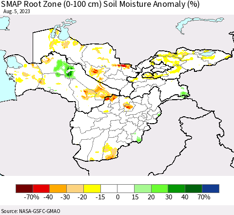 Central Asia SMAP Root Zone (0-100 cm) Soil Moisture Anomaly (%) Thematic Map For 8/1/2023 - 8/5/2023