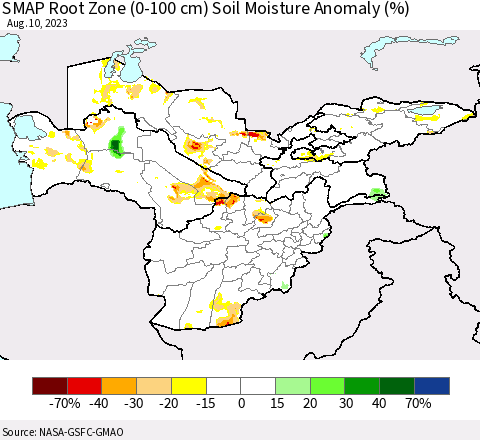 Central Asia SMAP Root Zone (0-100 cm) Soil Moisture Anomaly (%) Thematic Map For 8/6/2023 - 8/10/2023