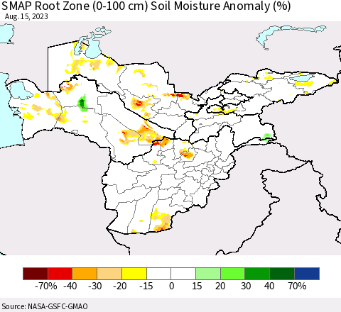Central Asia SMAP Root Zone (0-100 cm) Soil Moisture Anomaly (%) Thematic Map For 8/11/2023 - 8/15/2023