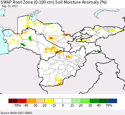 Central Asia SMAP Root Zone (0-100 cm) Soil Moisture Anomaly (%) Thematic Map For 8/16/2023 - 8/20/2023