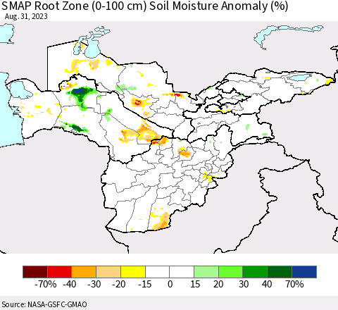Central Asia SMAP Root Zone (0-100 cm) Soil Moisture Anomaly (%) Thematic Map For 8/26/2023 - 8/31/2023