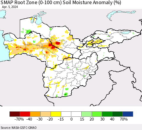 Central Asia SMAP Root Zone (0-100 cm) Soil Moisture Anomaly (%) Thematic Map For 4/1/2024 - 4/5/2024