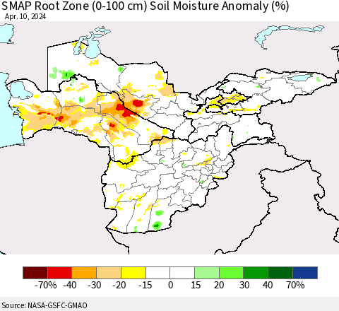 Central Asia SMAP Root Zone (0-100 cm) Soil Moisture Anomaly (%) Thematic Map For 4/6/2024 - 4/10/2024