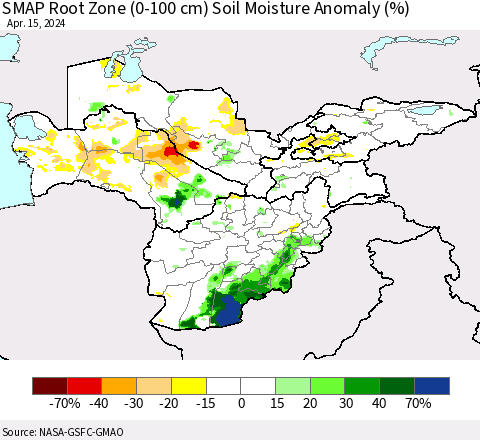Central Asia SMAP Root Zone (0-100 cm) Soil Moisture Anomaly (%) Thematic Map For 4/11/2024 - 4/15/2024