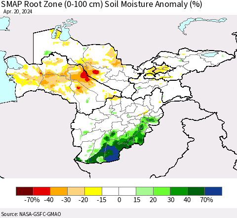 Central Asia SMAP Root Zone (0-100 cm) Soil Moisture Anomaly (%) Thematic Map For 4/16/2024 - 4/20/2024