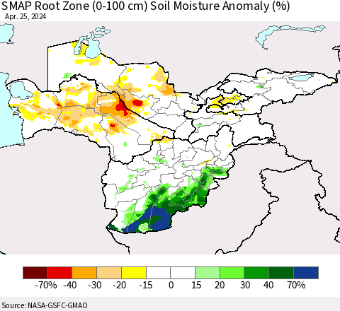 Central Asia SMAP Root Zone (0-100 cm) Soil Moisture Anomaly (%) Thematic Map For 4/21/2024 - 4/25/2024