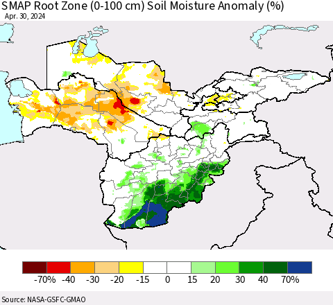 Central Asia SMAP Root Zone (0-100 cm) Soil Moisture Anomaly (%) Thematic Map For 4/26/2024 - 4/30/2024