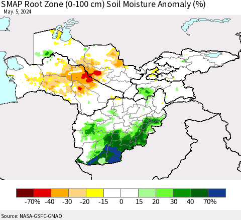 Central Asia SMAP Root Zone (0-100 cm) Soil Moisture Anomaly (%) Thematic Map For 5/1/2024 - 5/5/2024