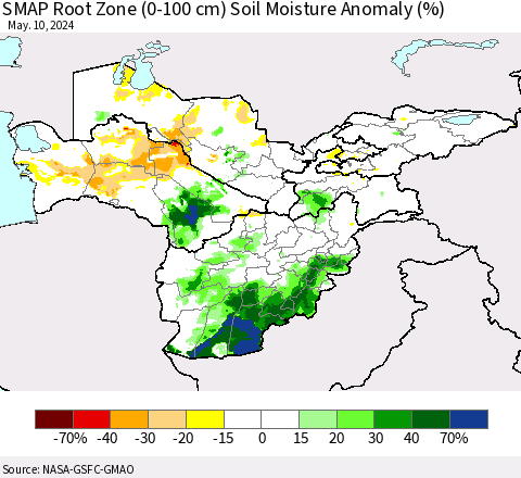 Central Asia SMAP Root Zone (0-100 cm) Soil Moisture Anomaly (%) Thematic Map For 5/6/2024 - 5/10/2024