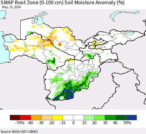 Central Asia SMAP Root Zone (0-100 cm) Soil Moisture Anomaly (%) Thematic Map For 5/11/2024 - 5/15/2024