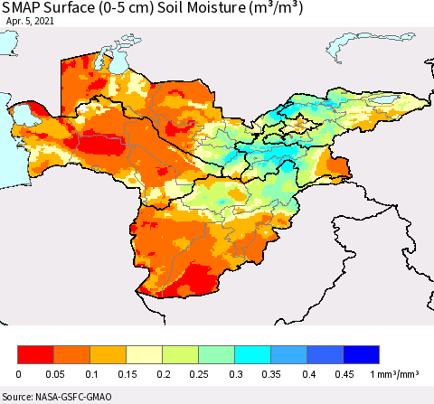 Central Asia SMAP Surface (0-5 cm) Soil Moisture (m³/m³) Thematic Map For 4/1/2021 - 4/5/2021