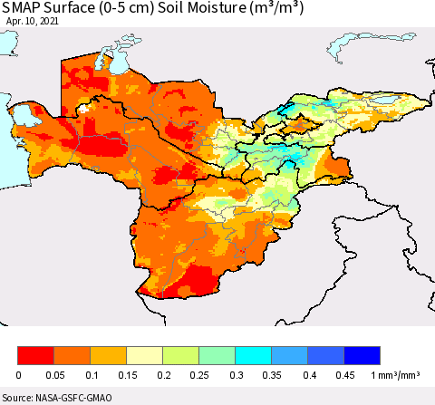 Central Asia SMAP Surface (0-5 cm) Soil Moisture (m³/m³) Thematic Map For 4/6/2021 - 4/10/2021