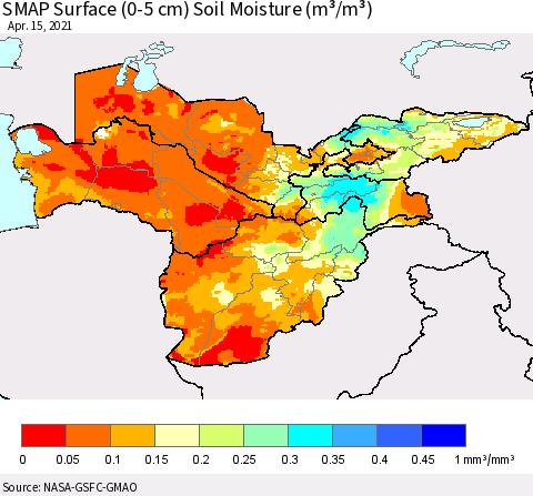 Central Asia SMAP Surface (0-5 cm) Soil Moisture (m³/m³) Thematic Map For 4/11/2021 - 4/15/2021