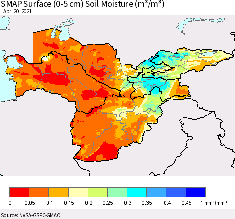 Central Asia SMAP Surface (0-5 cm) Soil Moisture (m³/m³) Thematic Map For 4/16/2021 - 4/20/2021