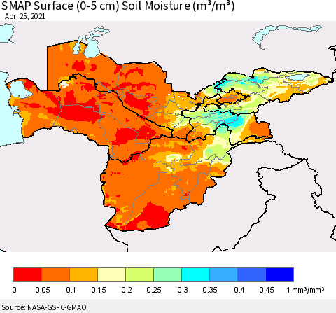 Central Asia SMAP Surface (0-5 cm) Soil Moisture (m³/m³) Thematic Map For 4/21/2021 - 4/25/2021